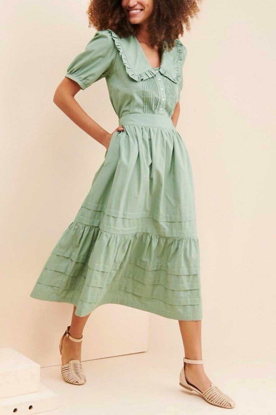 AFTERNOON Green Bonnet Pleated 100% Cotton Ruffle Blouse size M 160